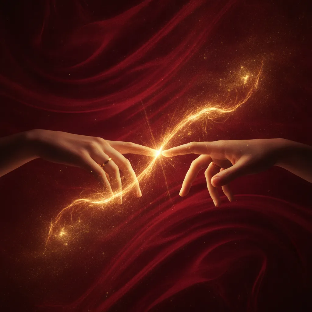 Două mâini aproape atingându-se, cu scântei de lumină caldă între ele, compoziție romantică