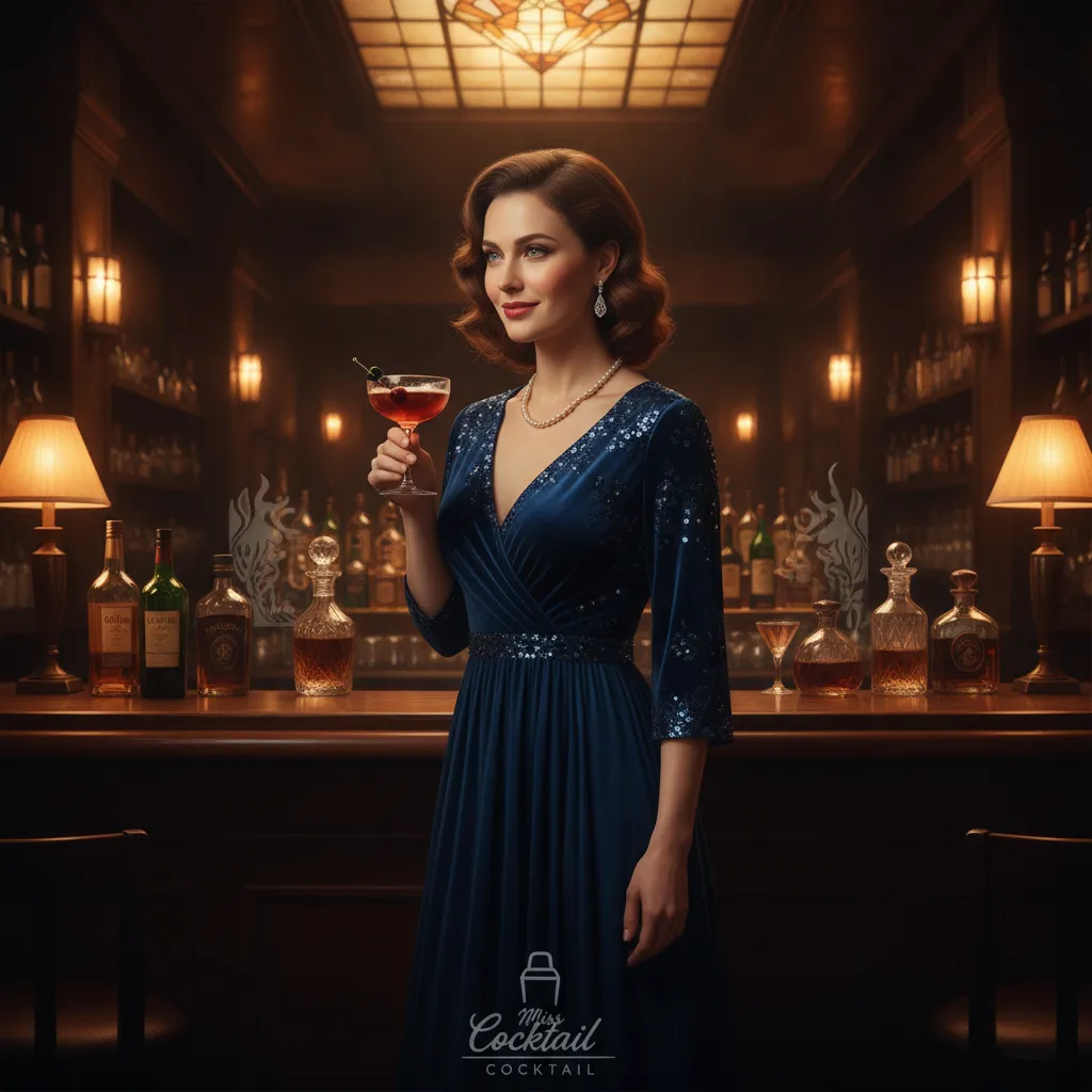 Femeie elegantă în rochie de seară, cu un pahar de cocktail, într-un bar vintage glamuros, lumină ambră