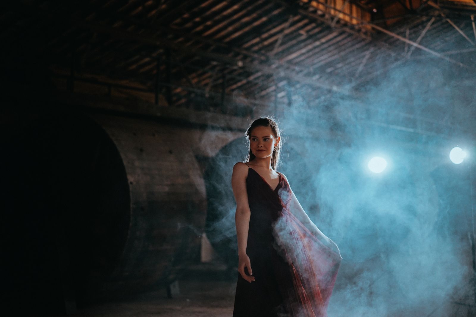 Portret de modă elegant, cu lumină dramatică și efect de fum